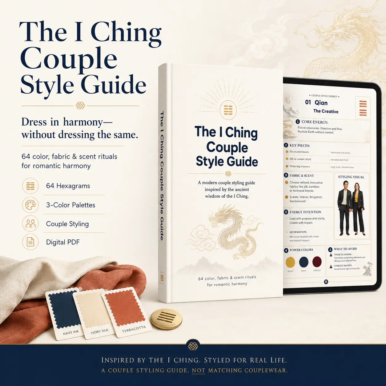 The I Ching Couple Style Guide displayed as a book and tablet with color swatches and a sample styling page